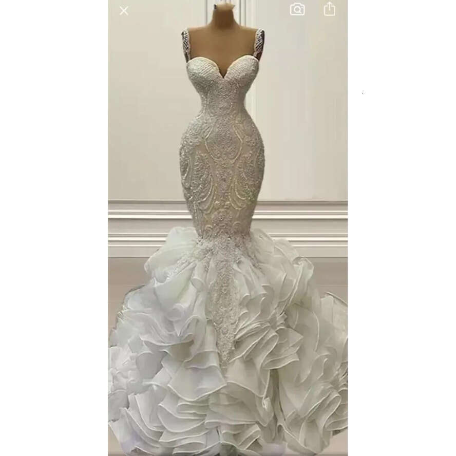 Ruffles Mermaid 2022 Long Dresses Crystals Beaded Lace Appliqued Gorgeous Wedding Gowns Straps Sweetheart Neck Lace-Up Custom Made Bride Dress -Up