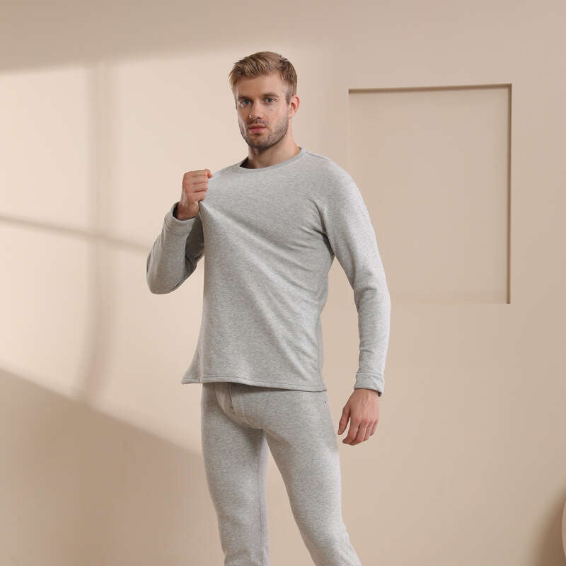 Men's Warm Underwear Set with Thick Round Neck Lamb Fleece Solid Color Bottom Coat Clothes Autumn Pants