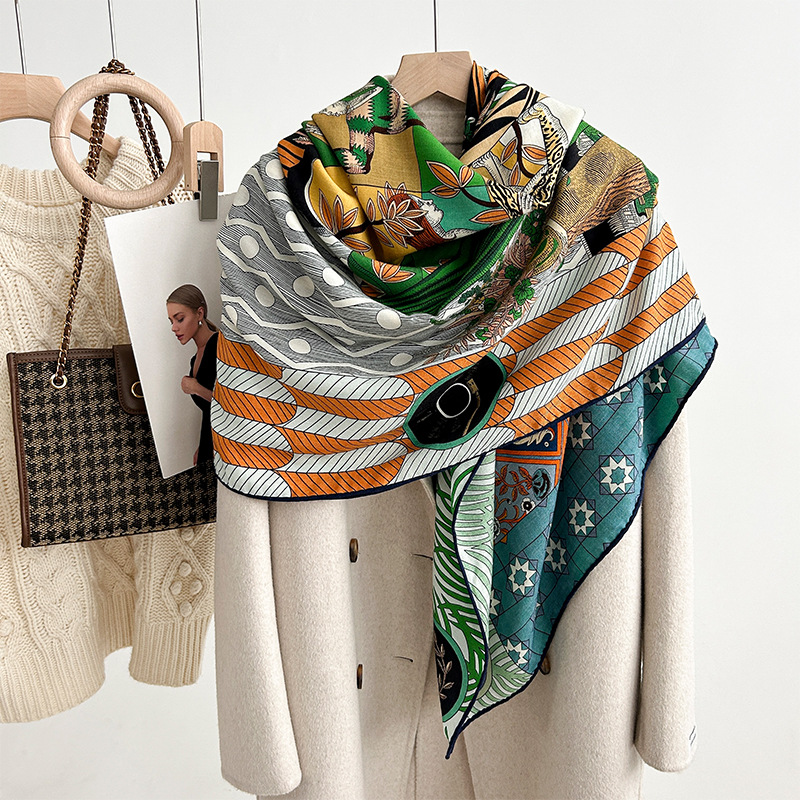 Scarves Silk wool square scarf for women's autumn and winter warmth, high-end feeling, 140 silk wool tropical jungle fashion silk scarf