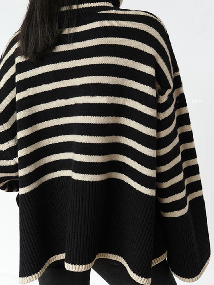 Casual striped sweater for women elegant turtle buckle comparison long sleeved womens zipper autumn winter fashion womens knitting 240927