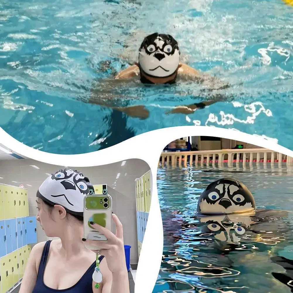 Cartoon Siberian Husky Swimming Cap Creative Design for Children and Adults Waterproof Swimming Equipment Cute Dog Pattern Z6B0 CL241009