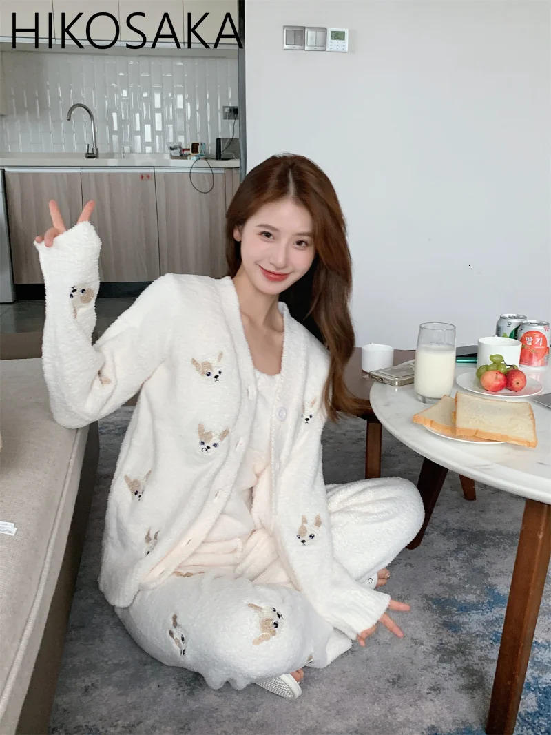 Autumn Winter Fashion Casual Pama Sets V-Neck Cardigan Trousers Pijamas Feminino Cute Cartoon Embroidery Loose Homewear Suit