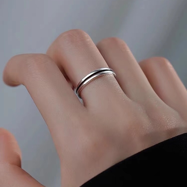 Silver plated double-layer niche, high-end, open mouth women's light luxury, plain ring, index finger ring