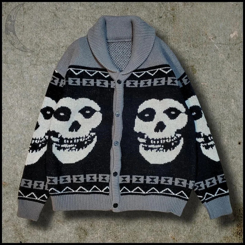 European American autumn and winter mens personalized Y2k fashion loose collar button knit cardigan trend personality street 241007