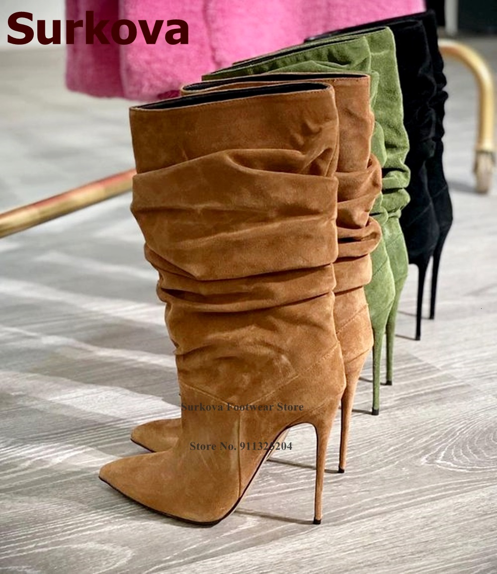 Surkova Brown Suede Pleated Mid-Calf Women Stiletto Heels Pointed Toe Dress Shoes Folded Pattern Middle Boots Size46