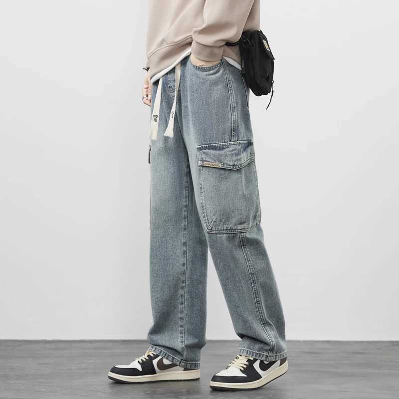 Cargo Pants Mens Straight Jeans Stretch Waist Casual Soft Sweatpants Male Clothing Vintage Baggy Denim TrousersX241009