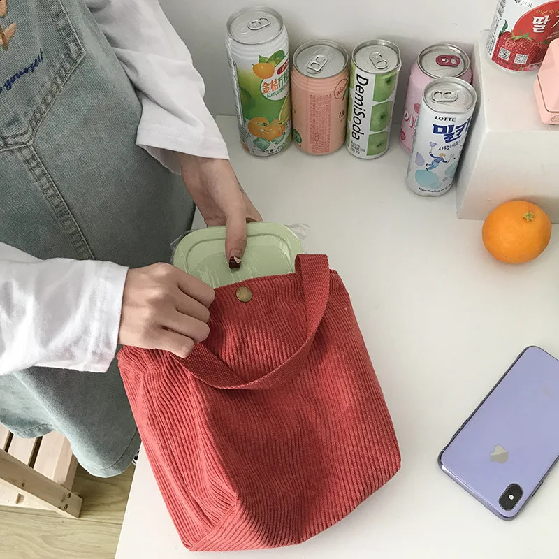 Small Corduroy Lunch Bag for Women Canvas Portable Tote Bags Travel Handbags 240925