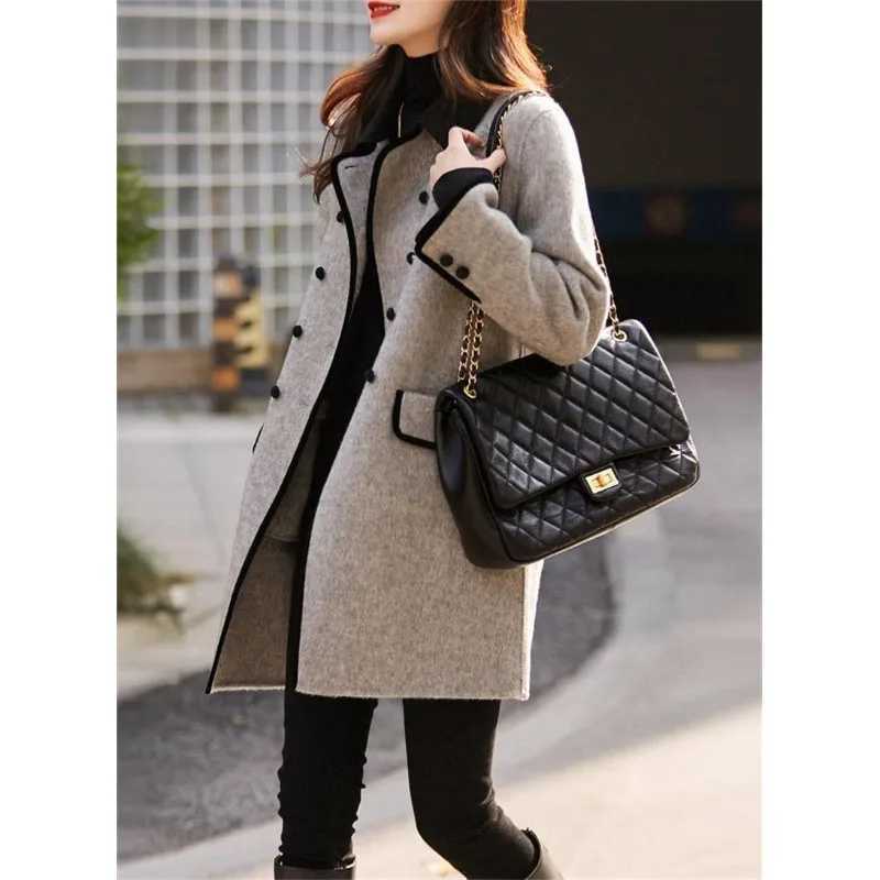 New High Quality Woolen Coat Female Autumn Winter Fashion Korean Slim Casual Versatile Style Contrast Color Wool Overcoat WomenX241009