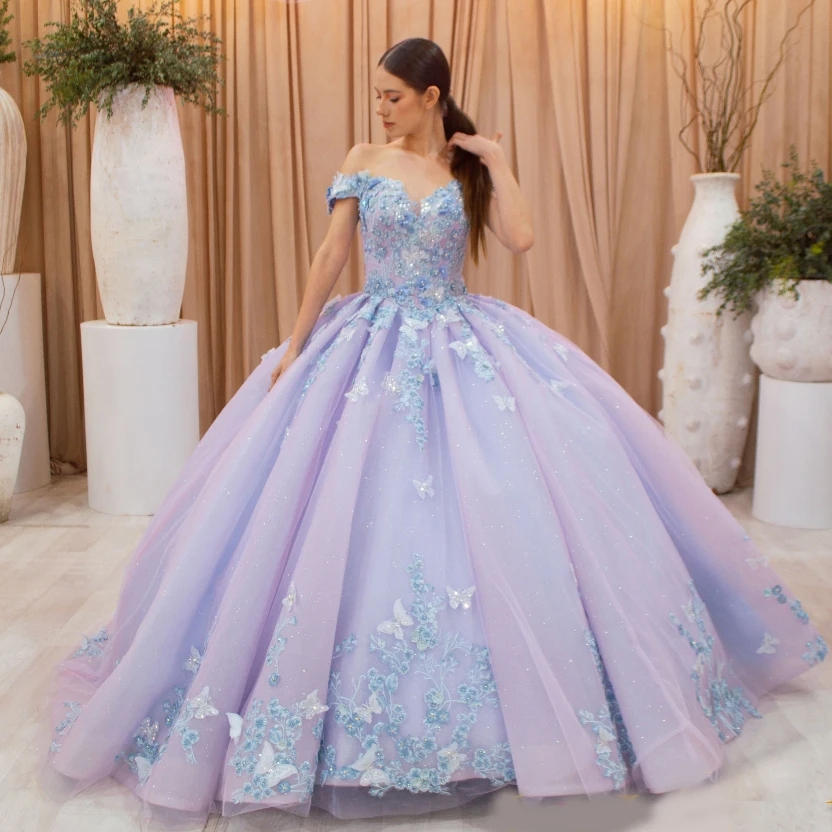 Mexico Lilac Sweetheart Ball Gown Quinceanera Dresses Applique Lace Bow Beaded Tull Birthday Party Sweet 16 Dress Vestido 15 De XV Anos