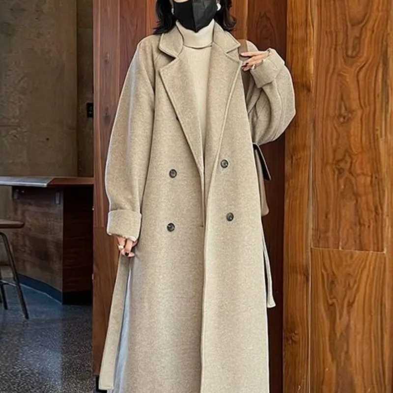 Womens Autumn Winter New Fashion Solid Color Suit Collar Button Pocket Tie Up Korean Versatile Long Sleeved Loose Woolen CoatX241009
