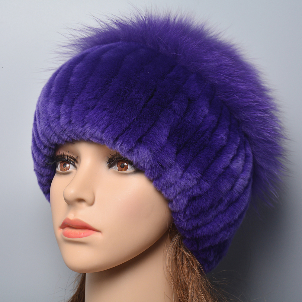 Russia Lady Winter Real Women Warm Knitted Genuine Hat Top Natural Fox Bomber Caps Rex Rabbit Fur Cap