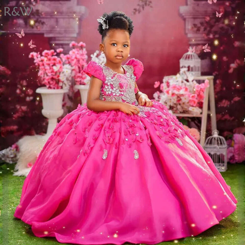 R&W Fuia wer Short Sleeves Ball Princess Queen Tiered Satin wergirls Rehies Beaded Hand Made Little Girls Birthday Party Gowns F008