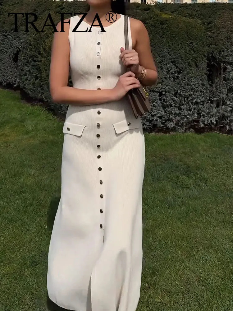 TRAFZA Womens Knitted Solid Midi Dress Ultra Thin Single Chest Sleeveless with Pocket Elegant Office 241007