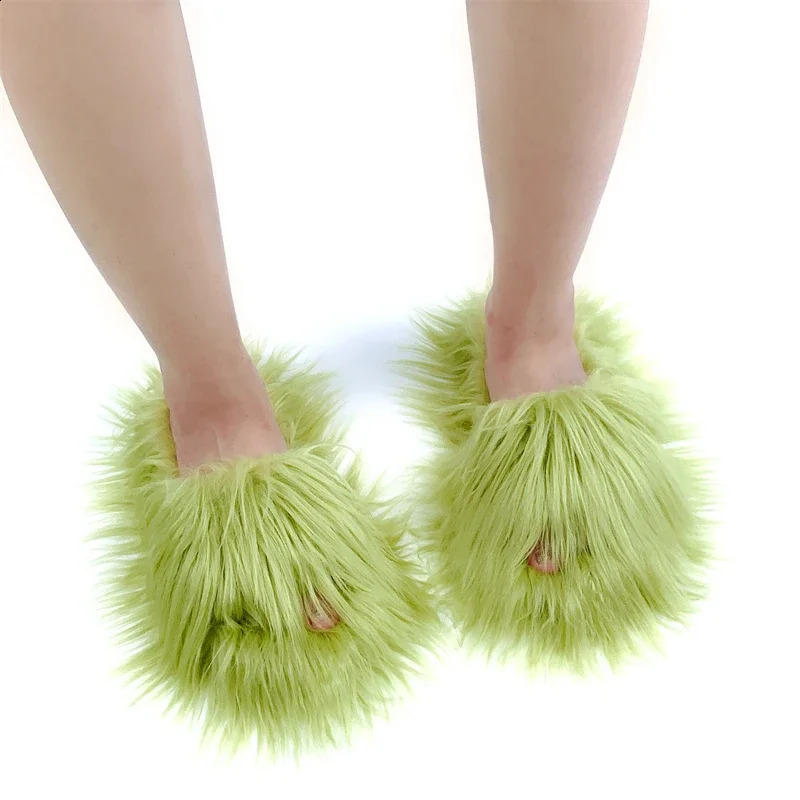 Runway Fashion Furry Flat Slippers Women Mules Harajuku Gothic Punk Y2k Sexy Fake Fur Slides Cute Home Slippers 240927