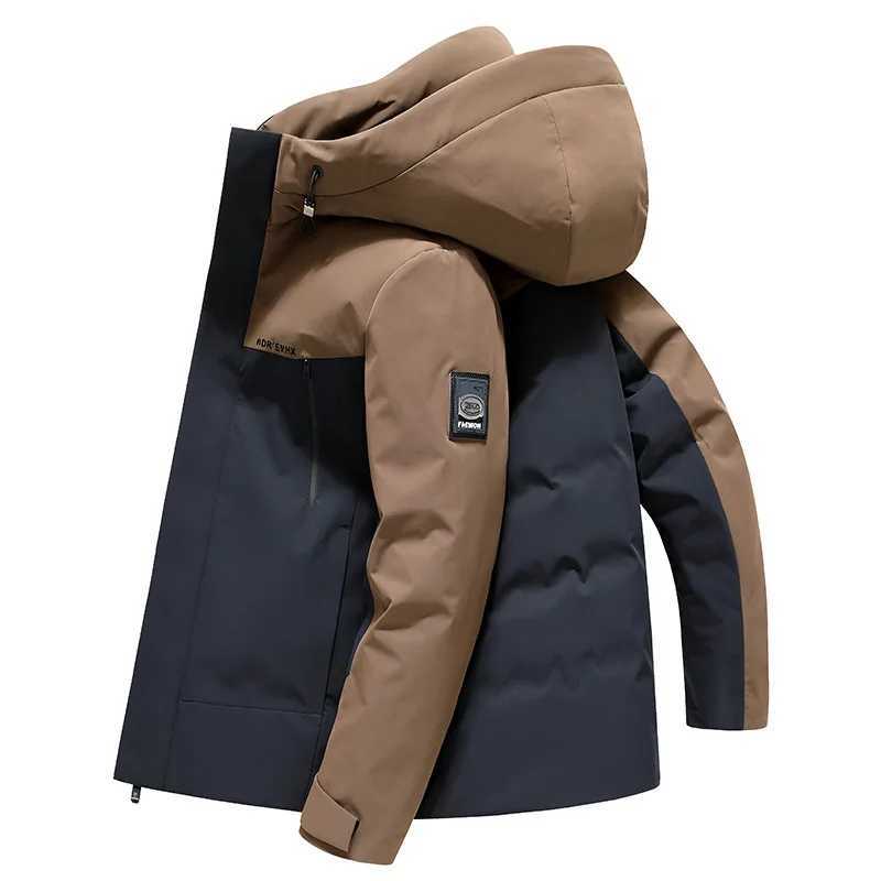 Mens Color Matching Hooded Down Jacket 2023 Winter New Fashion Warmth Outdoor Leisure LX241009