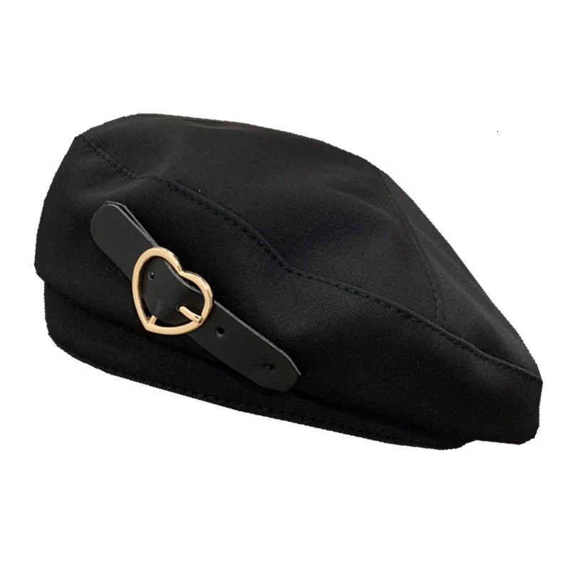metal heart-shaped buckle black beret autumn winter warm hip-hop hat retro elegant womens decorative hat 241007