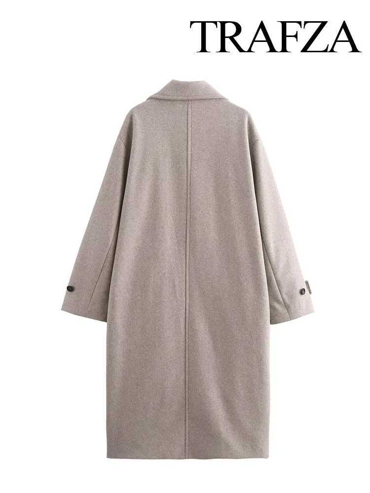 TRAFZA Women Autumn Solid Overcoat Fashion Double Breasted Turn-down Collar Pocket Design Coats Female Casual Loose OvercoatX241009