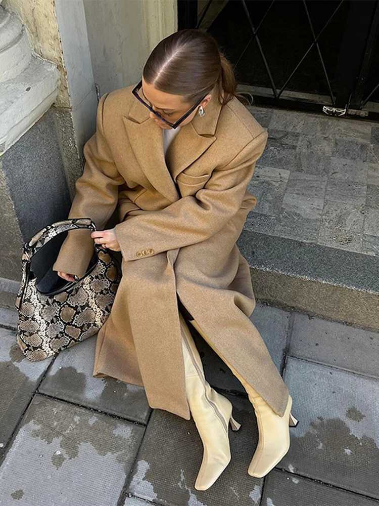 Vintage Single-Breasted Thick Long Coats Women Casual Loose Solid Slit Pockets Woolen Maxi Coat Lady Winter Chic Street OutwearX241009