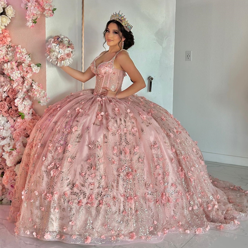 Pink Sequins Quinceanera Dresses Ball Gown Sequin Lace Applique Flower Beads Crystal Tull Mexican Corset Sweet 16 Vestidos De 15 Anos