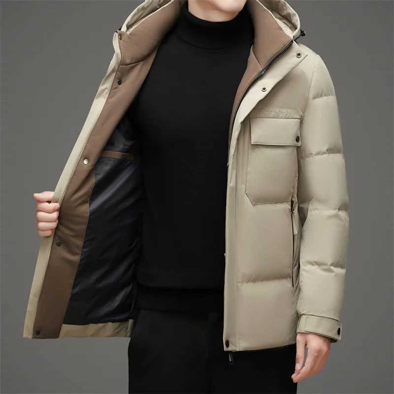 Winter Men Hooded Puffer Parkas Black Beige Khaki White Duck Down Basic Coat Hood Detachable Design Outerwear Thermal Jackets LX241009