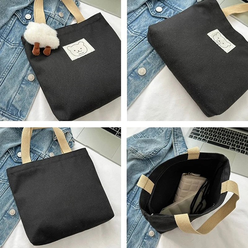 Small Canva Tote Food Bag Japanese Bear Hand Lunch Korean Canvas Handbags Cotton Cloth Picnic Travel Bento 240925