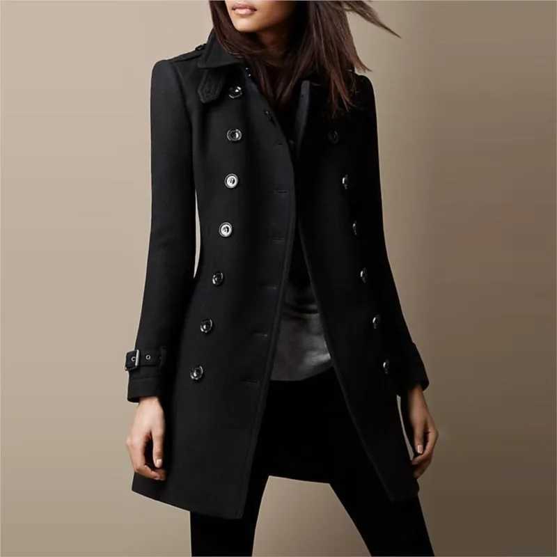 Autumn Winter Turn-down Neck Woolen Jacket Coat Women Fashion Black Long Sleeve Double Breasted Loose Wool Coats StreetwearX241009