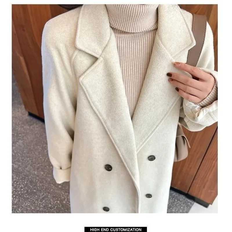 Womens Autumn Winter New Fashion Solid Color Suit Collar Button Pocket Tie Up Korean Versatile Long Sleeved Loose Woolen CoatX241009