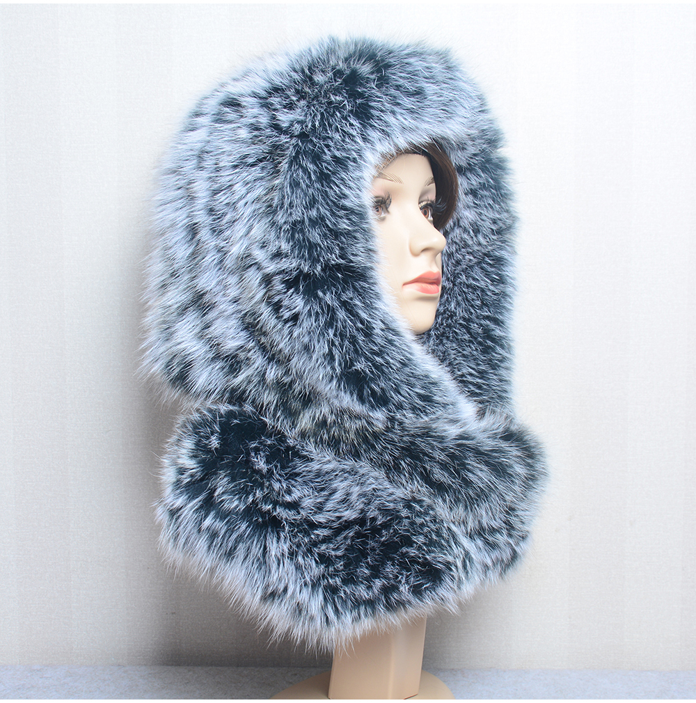 Hot Sell Winter Women Natural Hats&Scarves Lady Warm Fluffy Real Fox Hat&Scarf Knit Genuine Fur Hooded Scarf