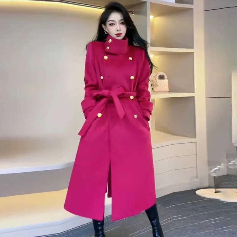 Spring Autumn 2024 New Woolen Windbreaker Jacket Womens Overcoat Loose Double-Breasted Lace-Up Pocket Slim Mid-length CoatX241009