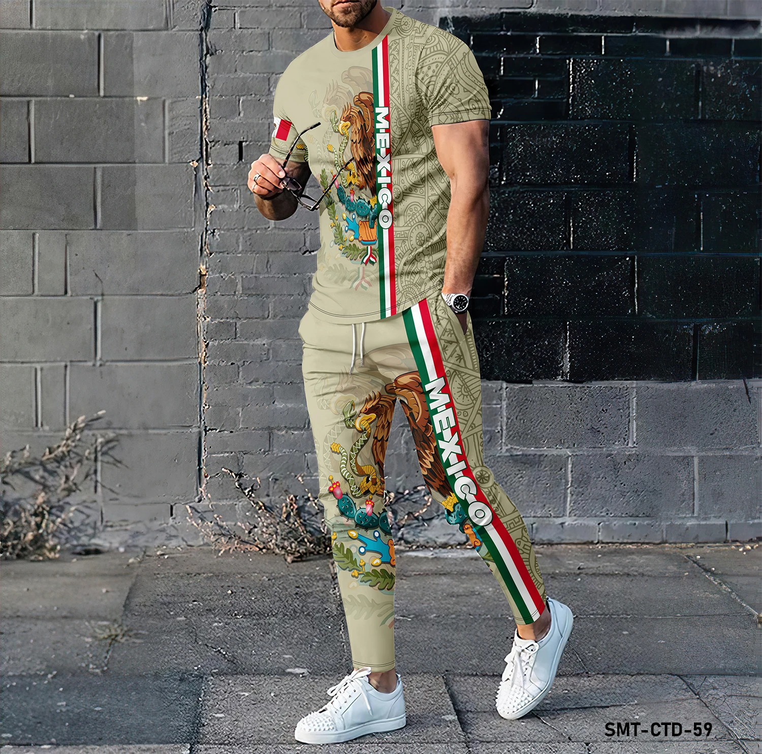 high-quality 3D Mexican eagle round neck short sleeved T-shirt long pants street two-piece sports shirt set 241009