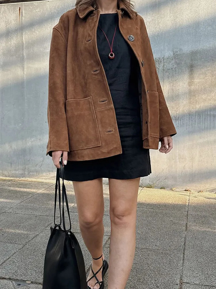 Retro Street Suede Jacket for Women Single breasted Pocket Patch Work Long Sleeve Jacket Autumn/Winter Loose Jacket 240930