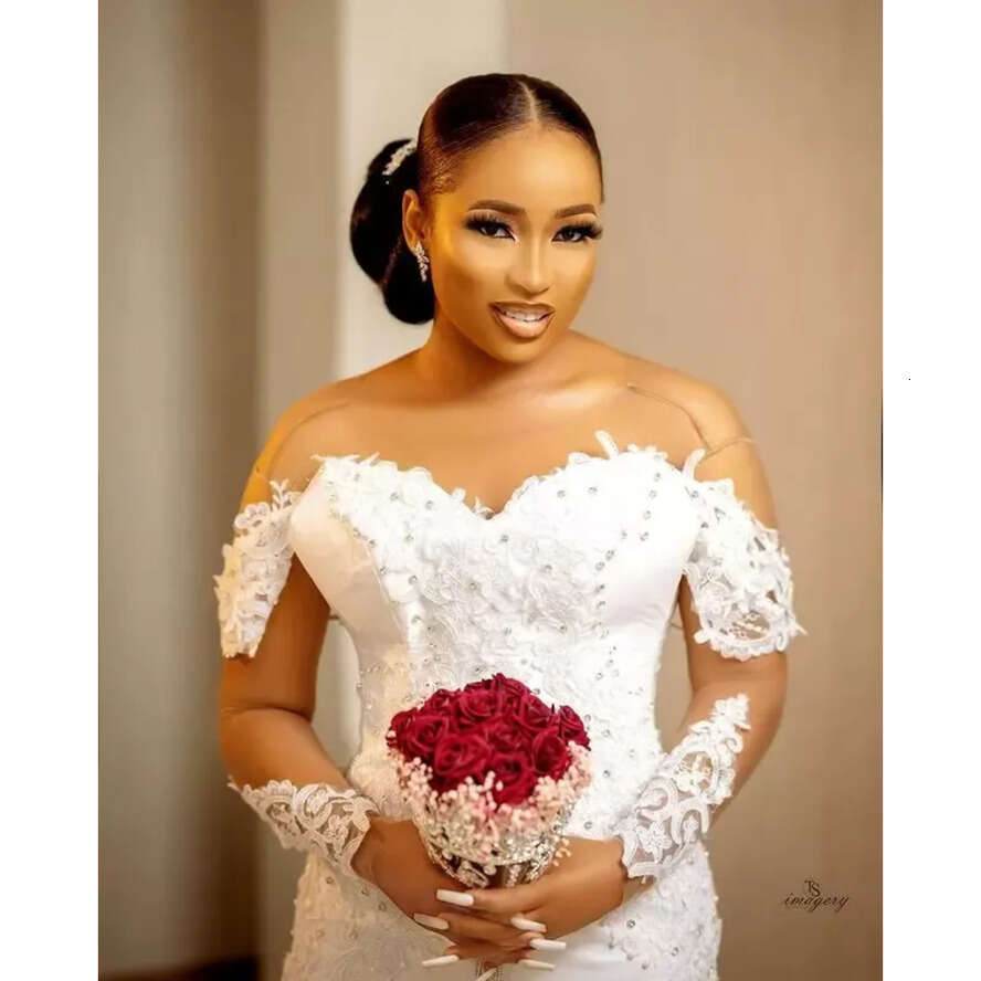 Size Arabic Plus 2022 Aso Ebi Mermaid Lace Beaded Wedding Dress Sheer Neck Long Sleeves Satin Sexy Vintage Bridal Dresses Gowns Asdf es