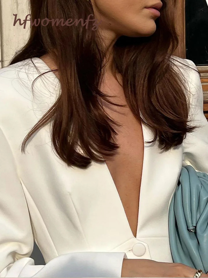 Womens white 2piece deep Vneck single chest jacket high waisted pants womens fashion autumn office clothing 241008