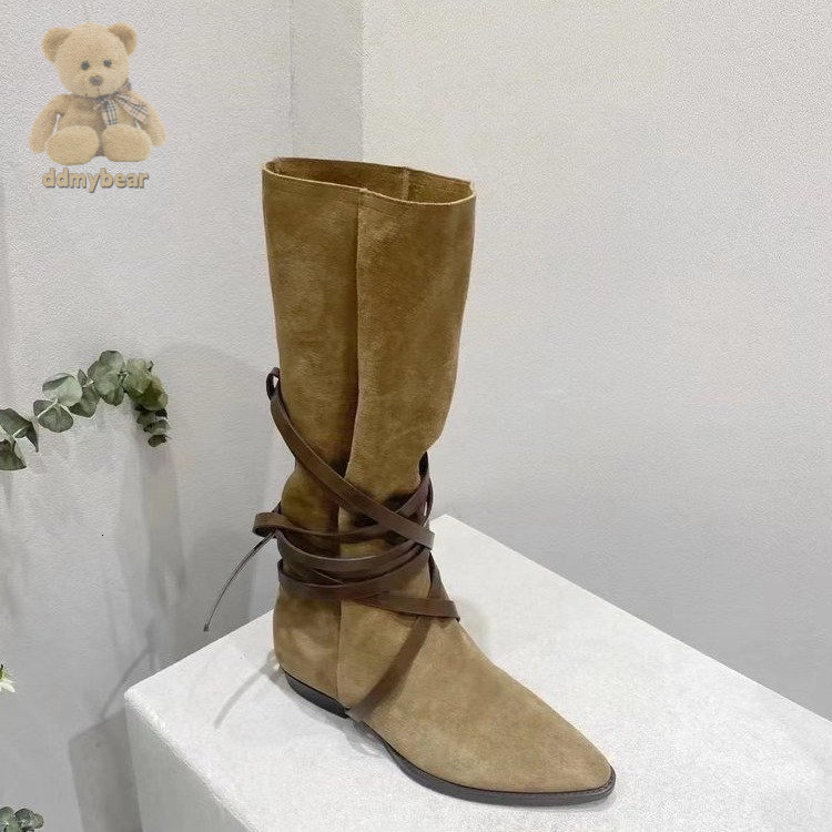 Ddmybear Genuine Leather Stacking 2024 New Western Cowboy Versatile Pointed Sleeve Knight Boots For Women Chinese Brand Shoes F1011-68