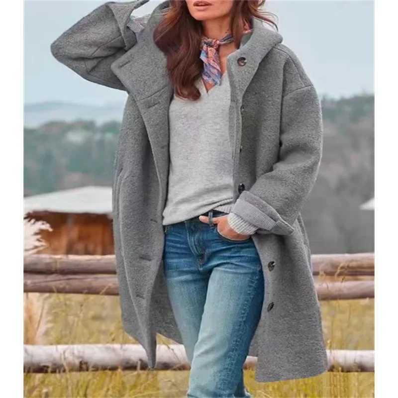 Women Long Sleeve Single Breasted Hooded Woolen Long Coat Women Solid Color Loose Cardigan Trench Coat Autumn Winter Woolen CoatX241009