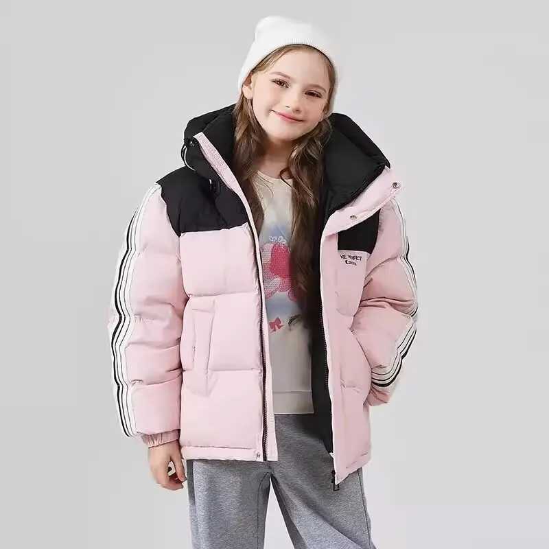 Winter Children Girl Down Jacket Loose Solid Stripe Sleeve ToddlerBoys Snowsuit Thicken Warm Hooded Junior Girl Coat LX241009