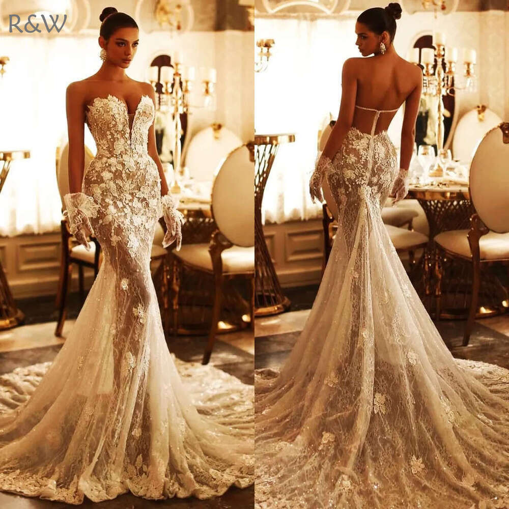 R&W 2024 urious Mermaid Dress For Bride Bridal Sweetheart Appliqued Beaded Lace Pearls Crystals Ruffled Wedding Gowns for Black Women Marriage D239