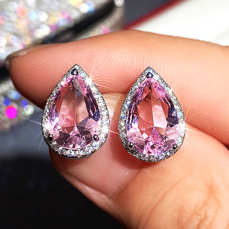 Luxury 925 Sterling Silver Diamond Earrings Classic Water Drop Pink Zircon Stud Earrings Sparkling Crystal Stud Wedding Party Jewelry Valentine's