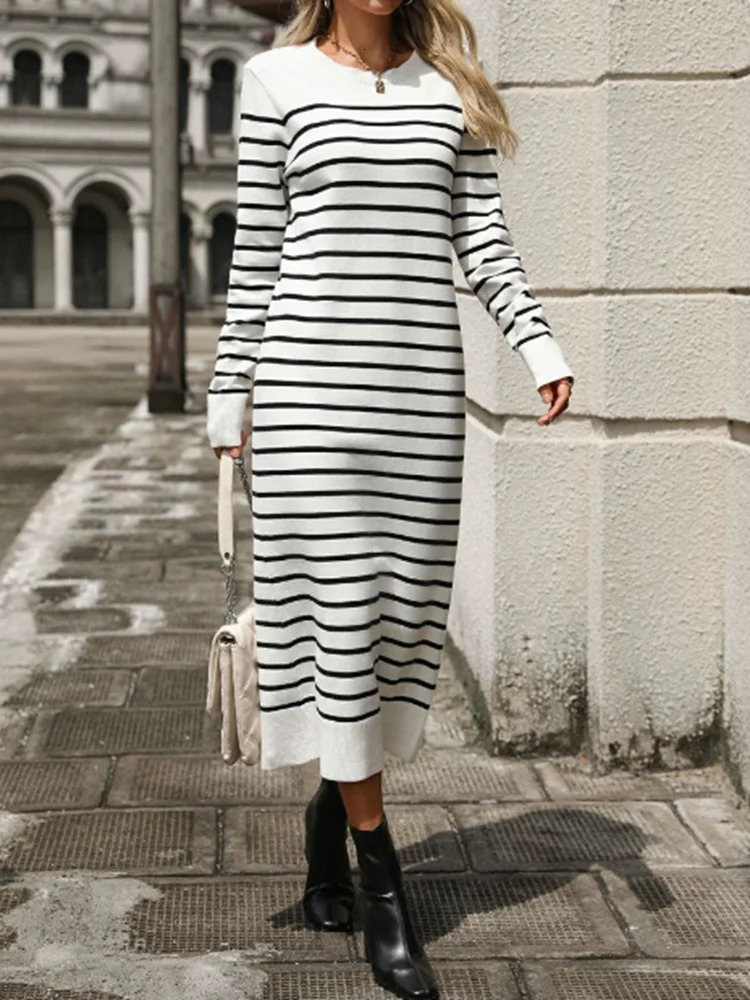 Womens simple and elegant slim fit striped knitted sweater with long leather fashionable autumn winter dress 241007
