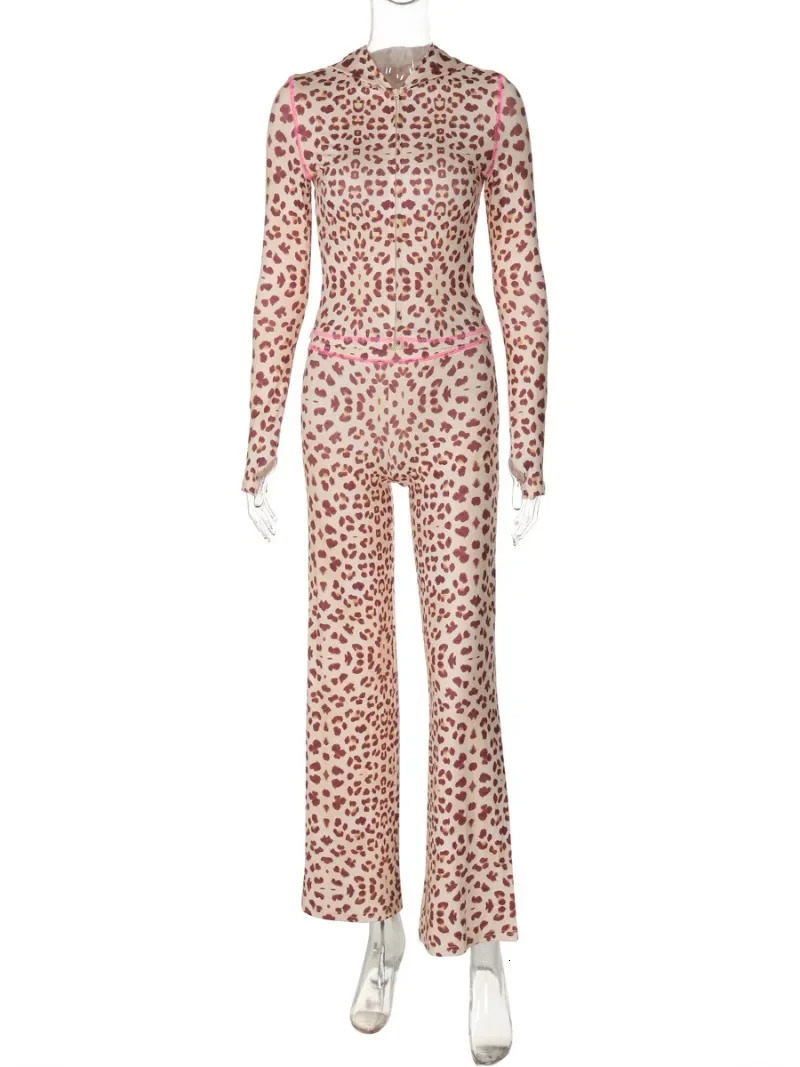 Fashion Autumn Leopard Print Two Piece Matching Sets Hooded Zipup Cardigan TopLong Pants Suit Streetwear Female Tracksuits 241008