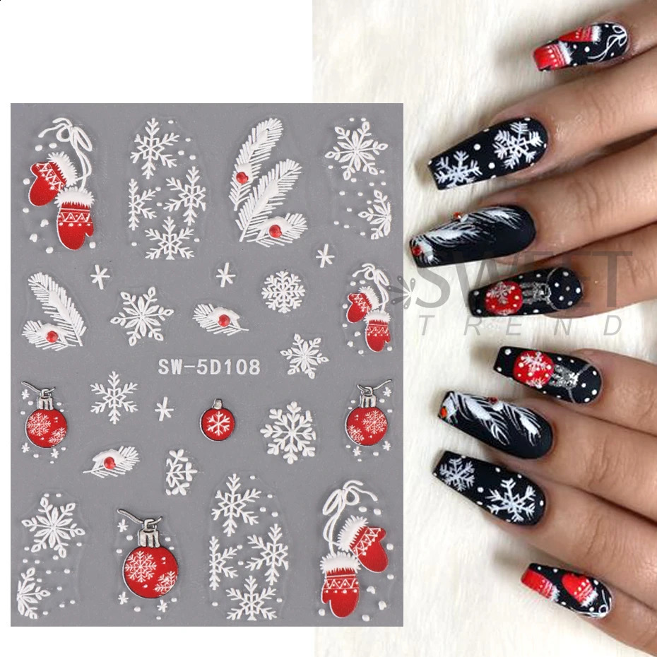 5D Red Christmas Nail Stickers Sparkling Embossed Snowflake Gloves Badminton Bells Winter Christmas DIY Carving Handmade Decoration 241008