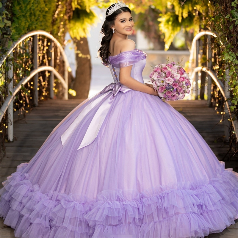 Princess Lilac Quinceanera Dresses Off Shoulders Beaded Sixteen Vestido Para Quinceanera Elegant Ruffles Fairy Birthday Party Vestidos De Xv Anos Swee