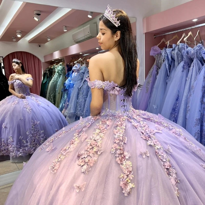 Mexican Lavender Quinceanera Dresses Ball Gown Beaded Lace Appliques Bow Tull Sweet 16 Dress Princess Lace Up Vestido De 15 Anos
