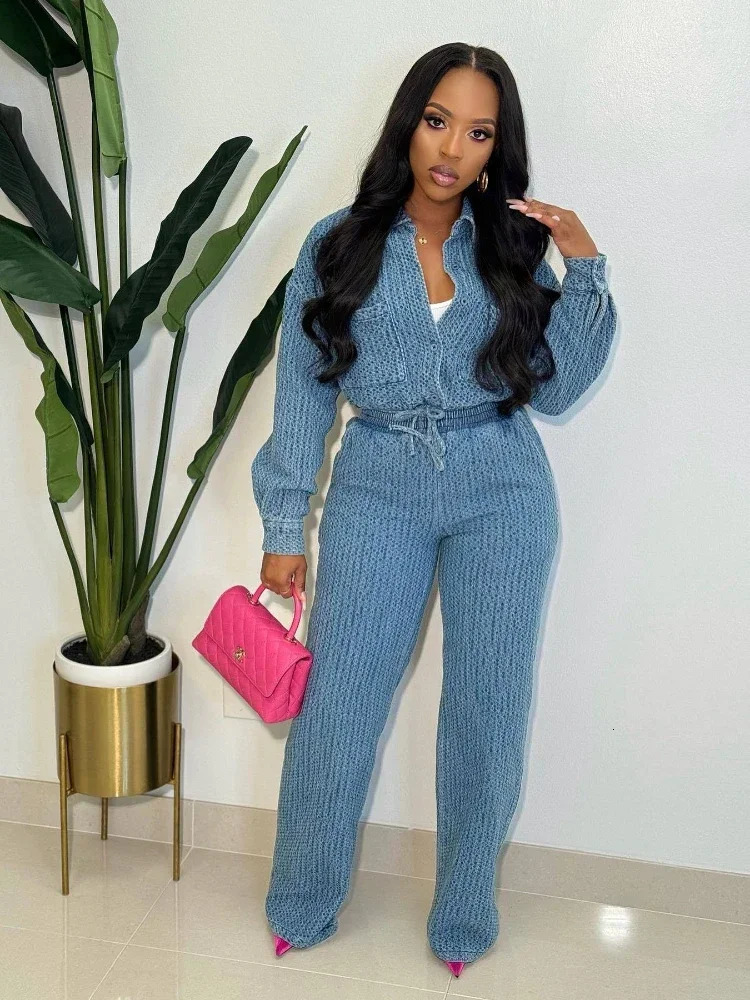 Laxsesu Fashion Denim Womens Set Long Sleeve Button Front Jacket and Wide Leg Jeans Pants Two Piece Dress 241008