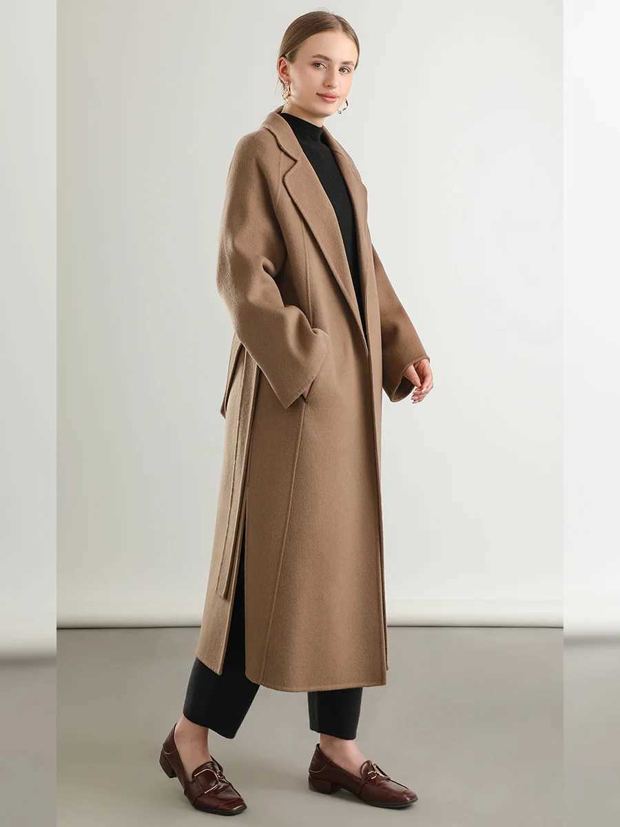 Women Classic 100% Wool Long Coat Turn-down Collar Belt Double Layer Wide Notch Lapel Full Sleeve Overcoat 22 Fall Winter #17X241009