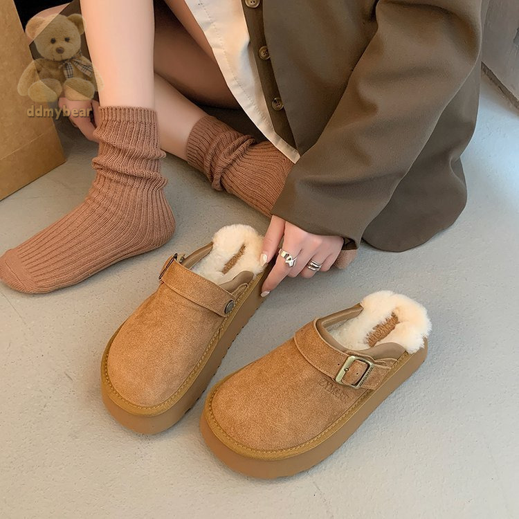 Ddmybear Lamb Hairy For Women, 2024 Winter New Style Thick Bottom Bread Shoes, Half Slippers Chinese Brand Shoes F1010-69