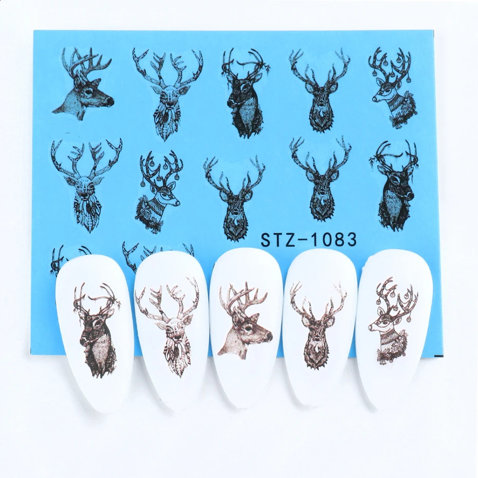 16 pieces of black nail stickers Christmas reindeer tree snowflake water transfer stickers Christmas winter nail accessories SASTZ1082-1097-1 241008