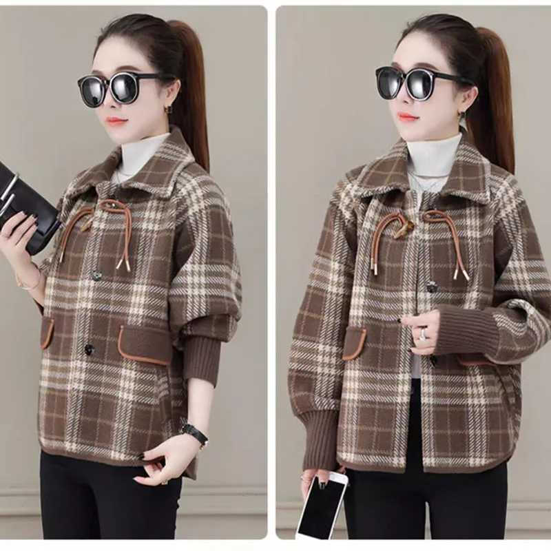 Join Together Womens Woolen Coat 2024 Spring Autumn New Korean Loose Short Jacket Plaid Outerwear Fashion Wool Coats Lady 4XLX241009