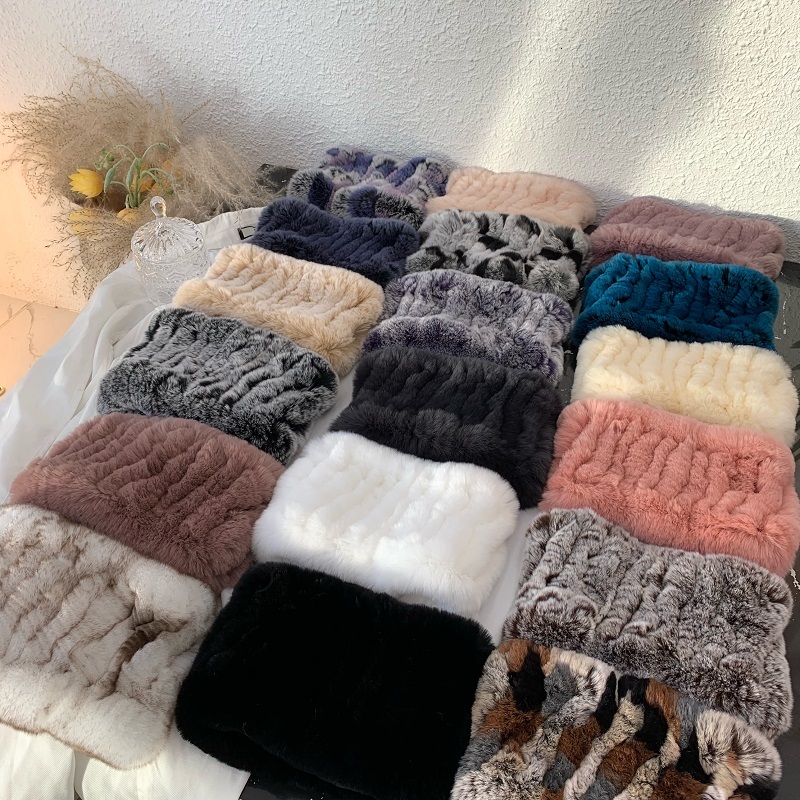 Women Real Handmade Stretch Scarf Knit Genuine Rex Rabbit Headbands Girls Natural Fur Ring Cowl Snood Scarves Winter