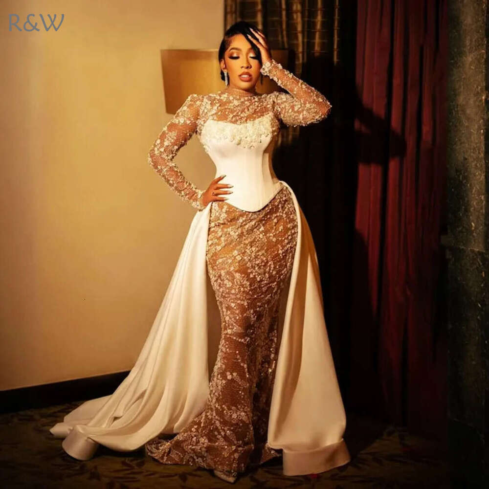 R&W 2024 African Arabic Dresses Bridal with Detachable Train High Neck Long Sleeves Beaded Lace Pearls Rhies Wedding Gowns for Bride Marriage D276